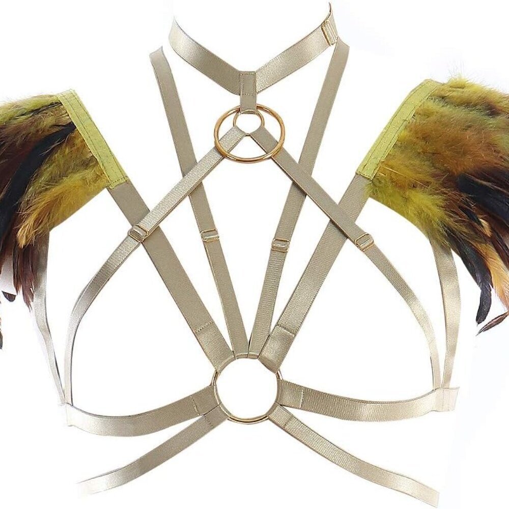 Feather Epaulets Body Harness Gothic Lingerie Strap Bralette for Party and Festi - Picture 4 of 9
